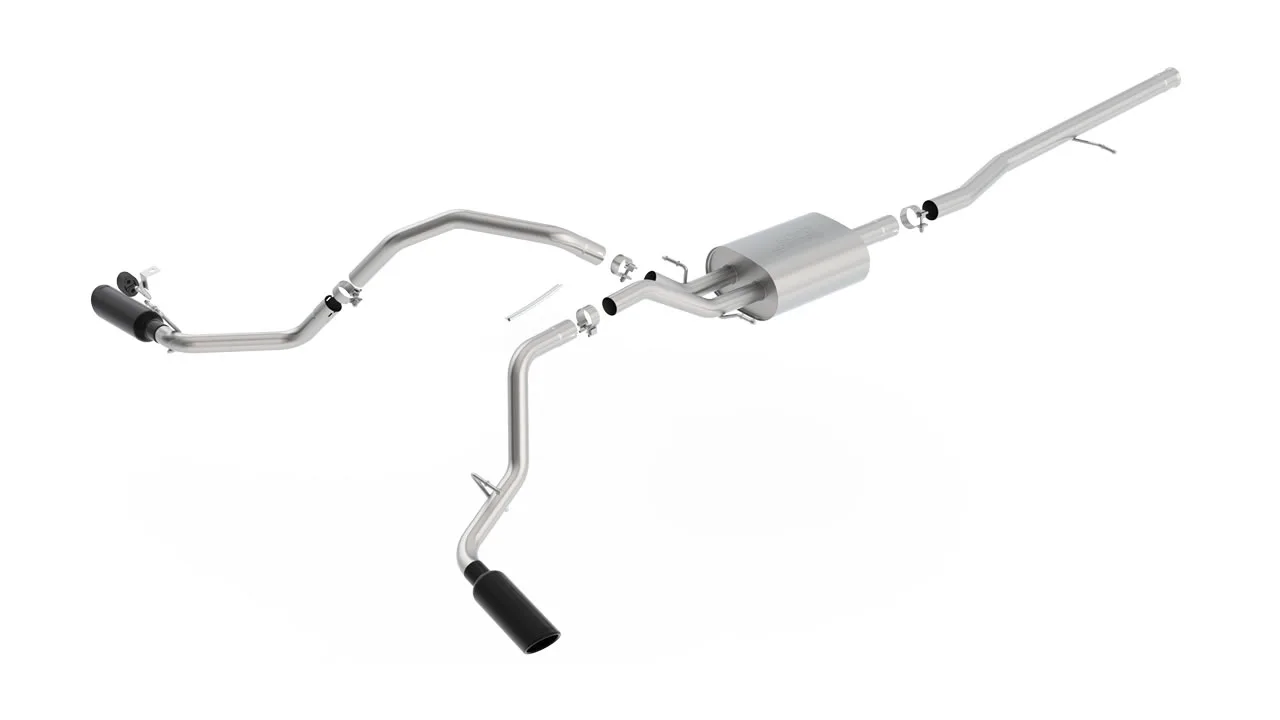 Borla S-Type Cat-Back Exhaust System For 2014-2019 Chevrolet Silverado 1500 / 2014-2019 GMC Sierra 1500 - Single Round Rolled Angle-Cut Black Chrome Tips (Part 140545BC)