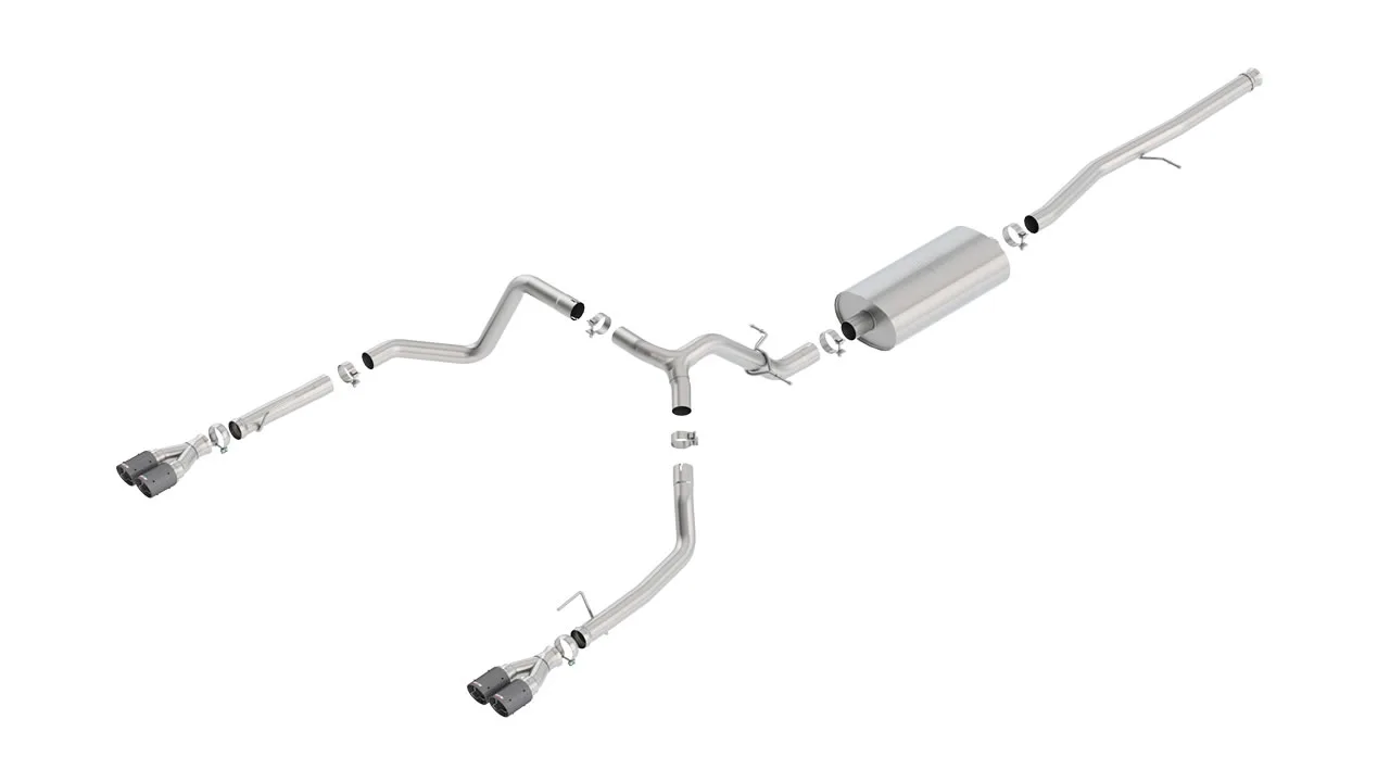 Borla Touring Cat-Back Exhaust System For 2019-2026 Chevrolet Silverado 1500 / 2019-2026 GMC Sierra 1500 - Silverado Dual Round Angle-Cut Carbon Fibre Tips