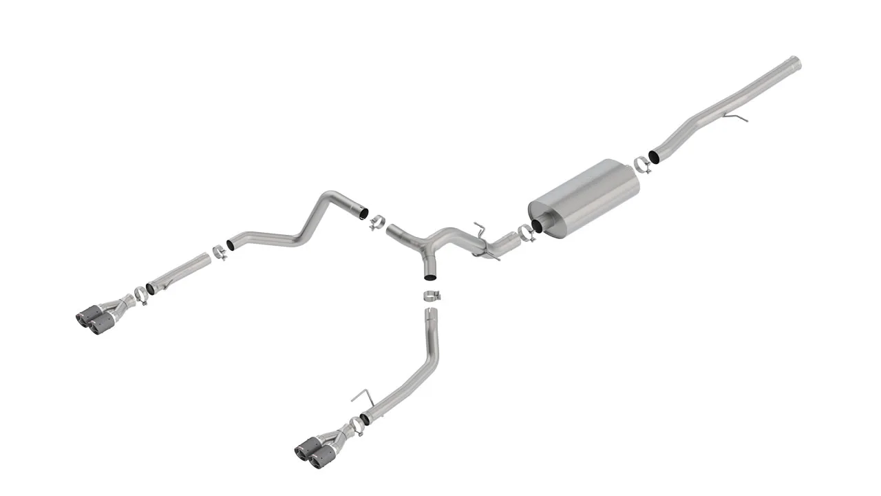 Borla Touring Cat-Back Exhaust System For 2019-2023 Chevrolet Silverado 1500 / 2019-2023 GMC Sierra 1500 - Silverado Dual Round Angle-Cut Carbon Fibre Tips